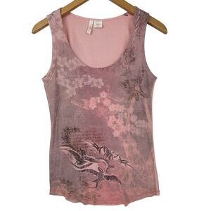 Buffalo David Bitton Pink Cotton Floral Bird Print Tank Top USA Y2K Size Medium